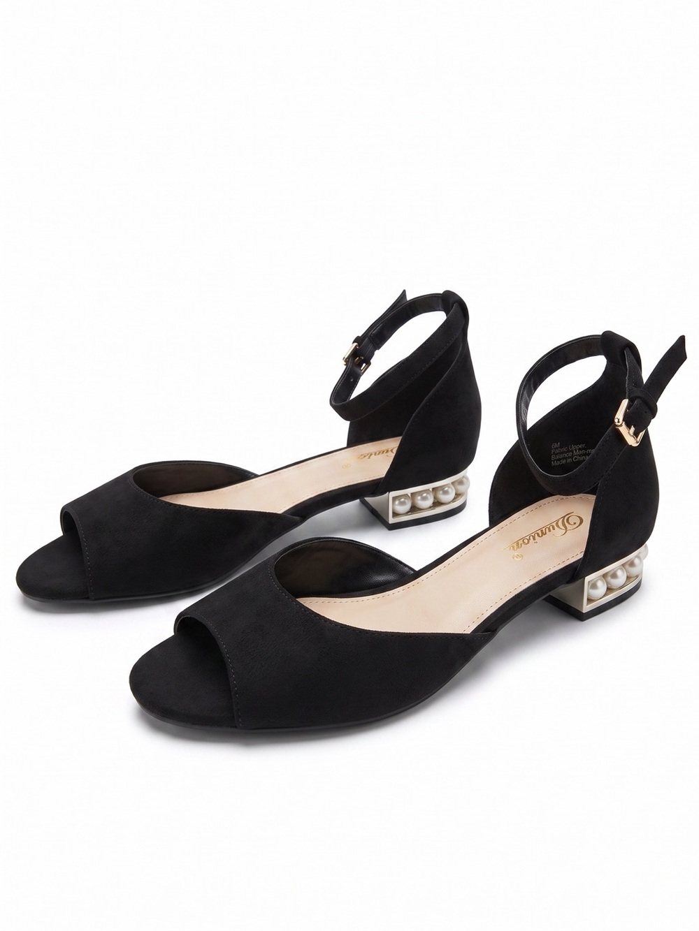Women’s Pearl Heel Open-Toe Black Ankle Strap Kitten Heel Dress Shoes